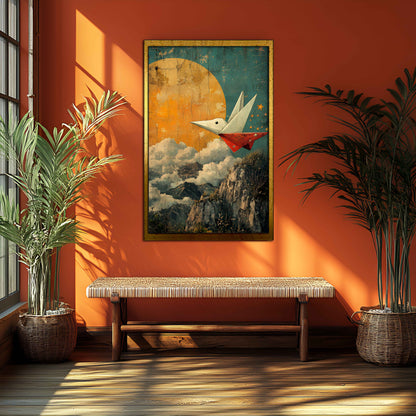 "Dream Flight" – Vintage Style Origami Bird & Moon Canvas Painting