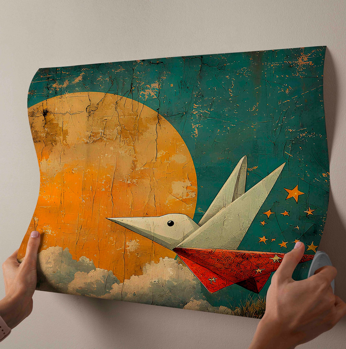 "Dream Flight" – Vintage Style Origami Bird & Moon Canvas Painting