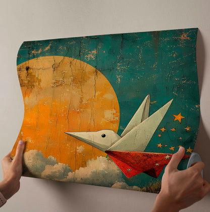 "Dream Flight" – Vintage Style Origami Bird & Moon Canvas Painting