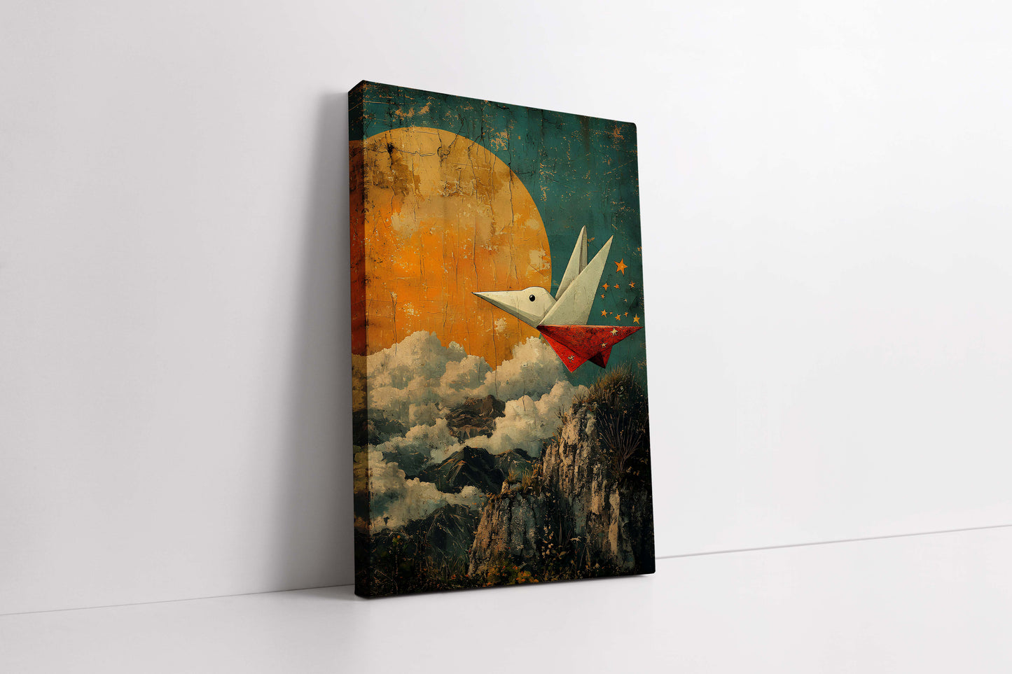 "Dream Flight" – Vintage Style Origami Bird & Moon Canvas Painting