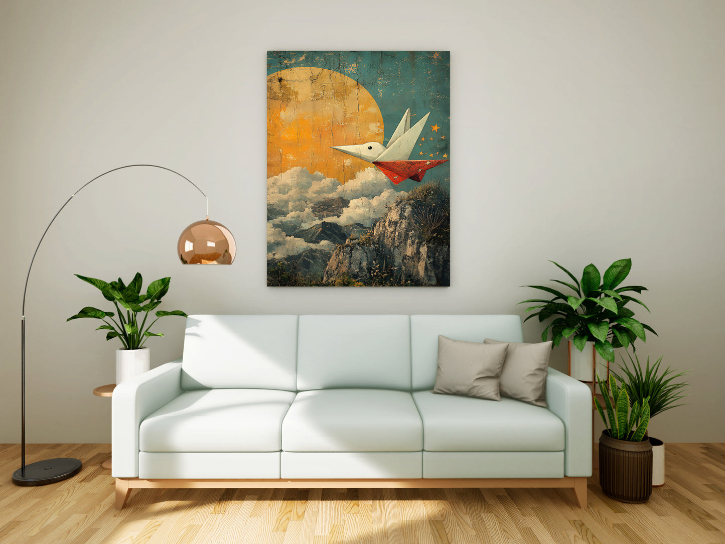 "Dream Flight" – Vintage Style Origami Bird & Moon Canvas Painting