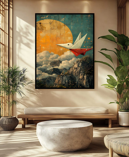 "Dream Flight" – Vintage Style Origami Bird & Moon Canvas Painting