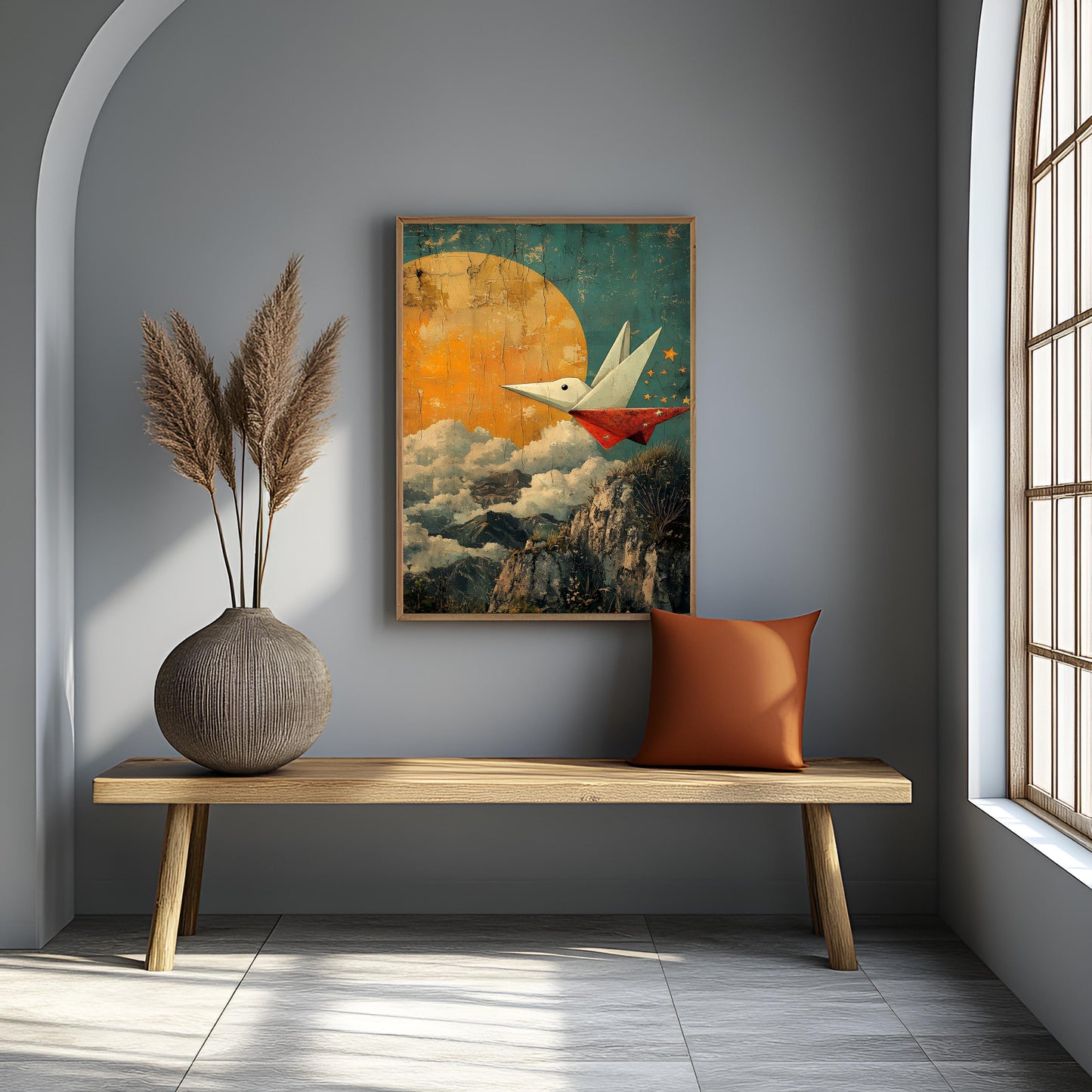 "Dream Flight" – Vintage Style Origami Bird & Moon Canvas Painting