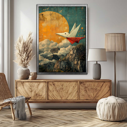 "Dream Flight" – Vintage Style Origami Bird & Moon Canvas Painting