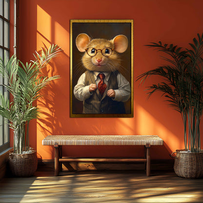 Dapper Gentleman Mouse in Pinstripe Vest & Glasses - Whimsical Canvas Portrait