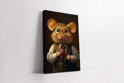 Dapper Gentleman Mouse in Pinstripe Vest & Glasses - Whimsical Canvas Portrait