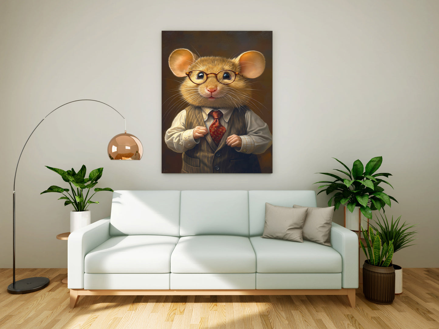 Dapper Gentleman Mouse in Pinstripe Vest & Glasses - Whimsical Canvas Portrait