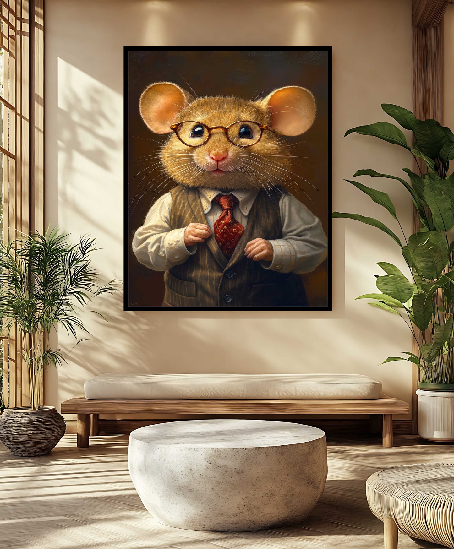 Dapper Gentleman Mouse in Pinstripe Vest & Glasses - Whimsical Canvas Portrait