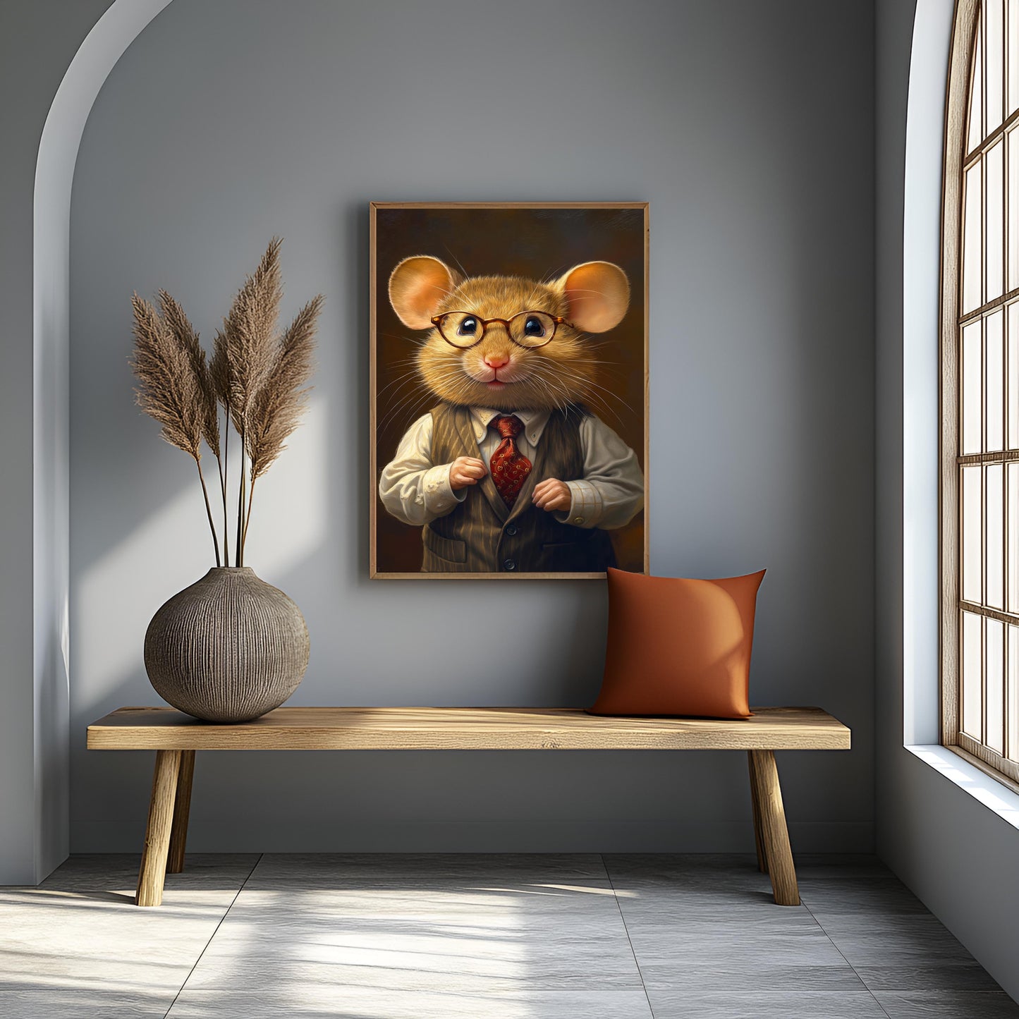 Dapper Gentleman Mouse in Pinstripe Vest & Glasses - Whimsical Canvas Portrait