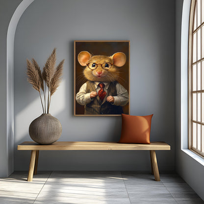 Dapper Gentleman Mouse in Pinstripe Vest & Glasses - Whimsical Canvas Portrait