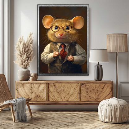 Dapper Gentleman Mouse in Pinstripe Vest & Glasses - Whimsical Canvas Portrait