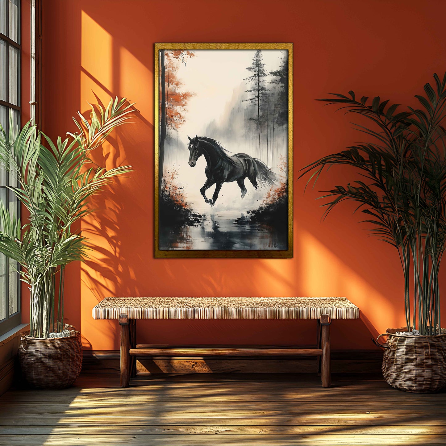 "Autumn Gallop" Black Horse in Misty Forest Watercolor Canvas Painting