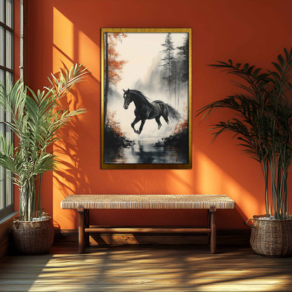 "Autumn Gallop" Black Horse in Misty Forest Watercolor Canvas Painting