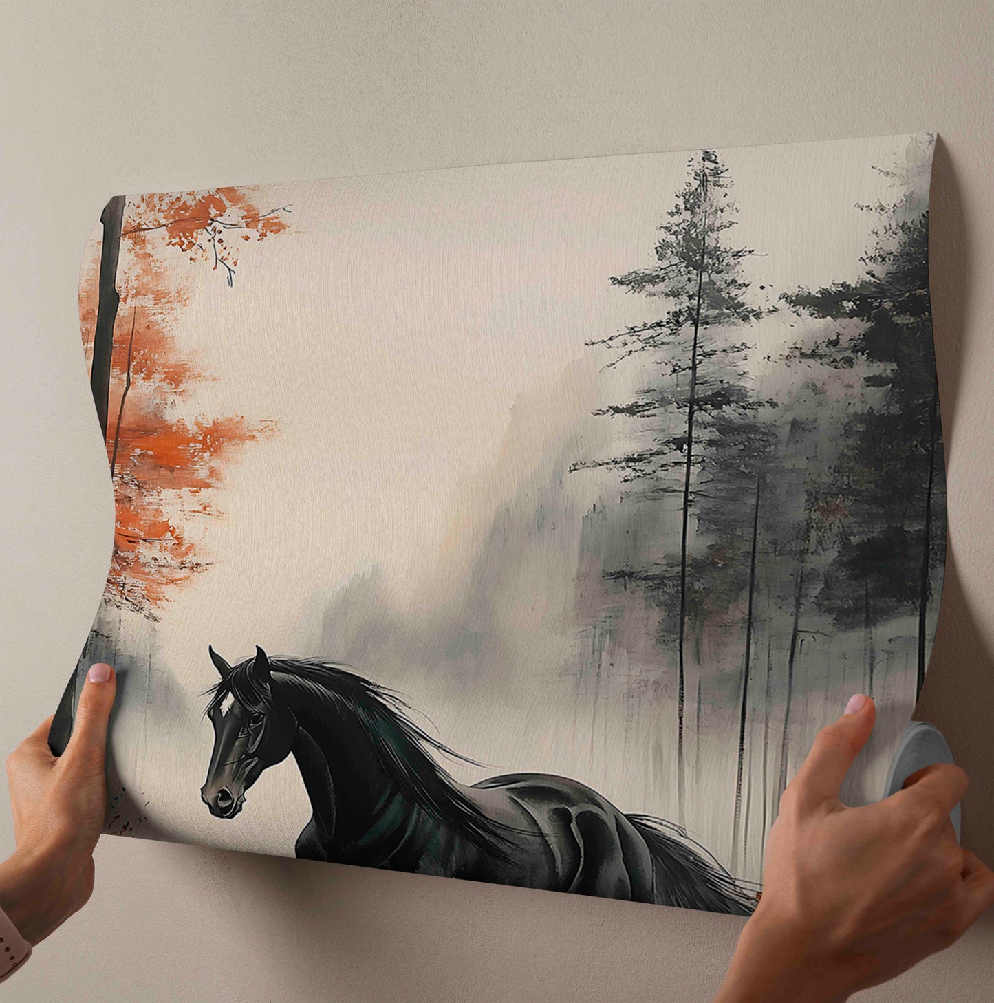"Autumn Gallop" Black Horse in Misty Forest Watercolor Canvas Painting