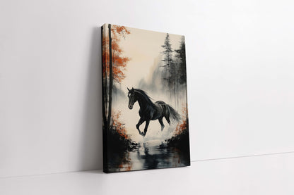 "Autumn Gallop" Black Horse in Misty Forest Watercolor Canvas Painting