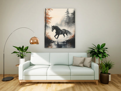 "Autumn Gallop" Black Horse in Misty Forest Watercolor Canvas Painting