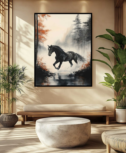 "Autumn Gallop" Black Horse in Misty Forest Watercolor Canvas Painting