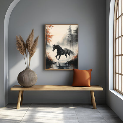 "Autumn Gallop" Black Horse in Misty Forest Watercolor Canvas Painting