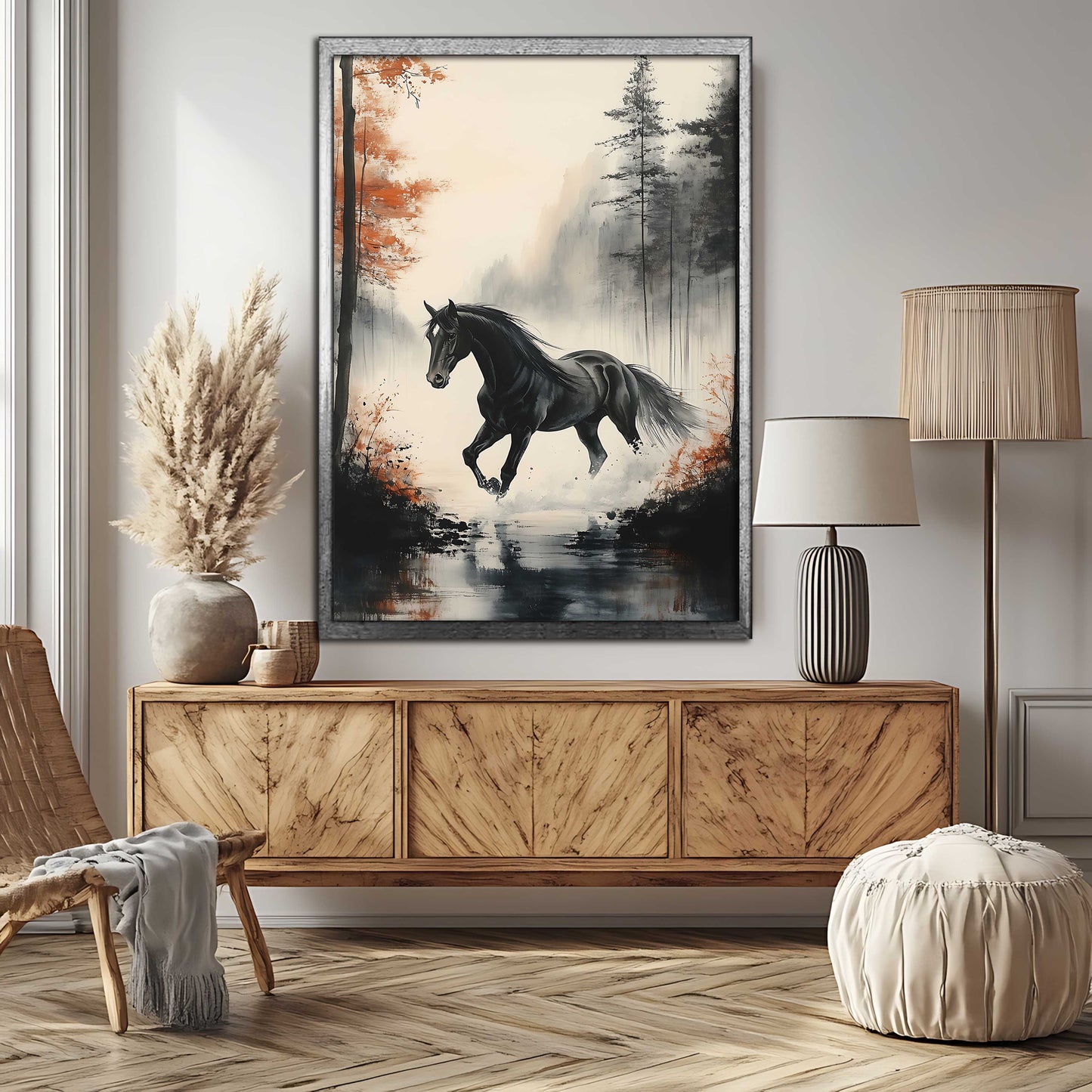 "Autumn Gallop" Black Horse in Misty Forest Watercolor Canvas Painting