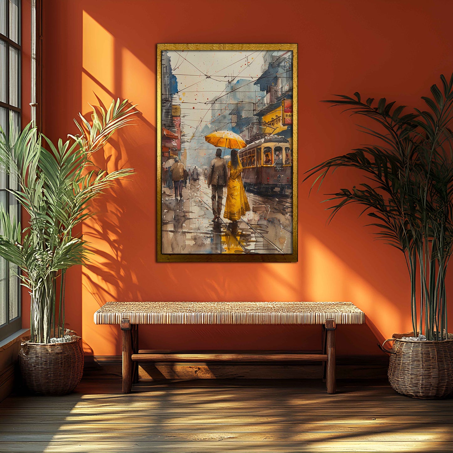 Rainy Stroll in Old City - Watercolor Canvas Art)