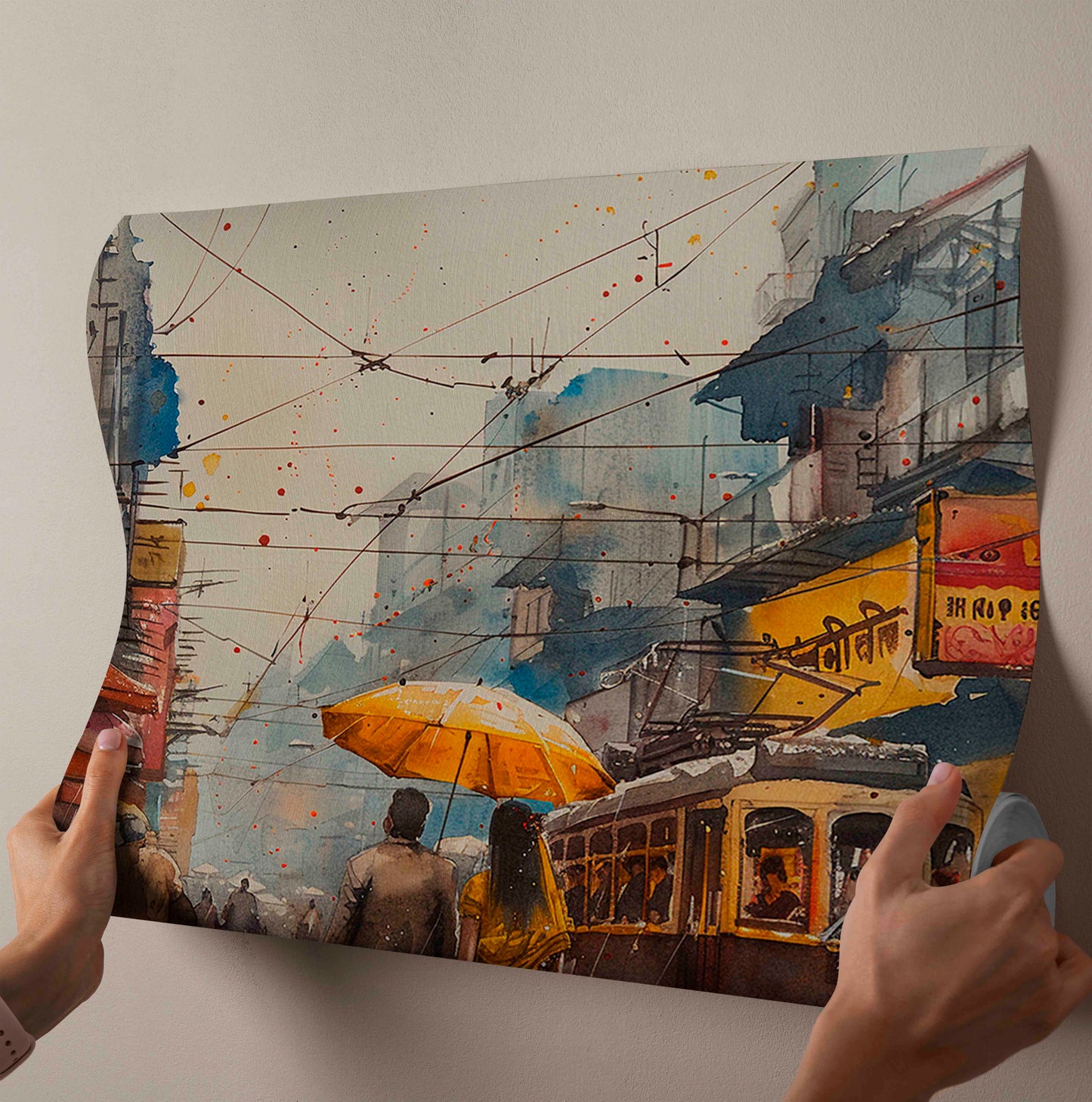 Rainy Stroll in Old City - Watercolor Canvas Art)