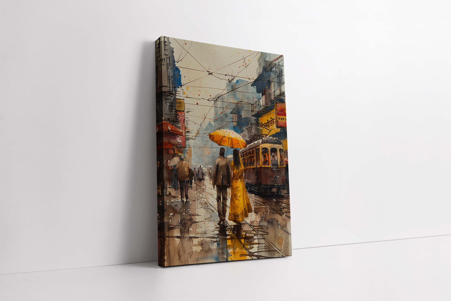 Rainy Stroll in Old City - Watercolor Canvas Art)