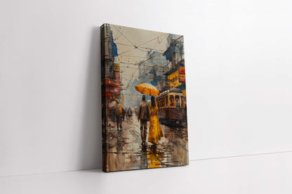 Rainy Stroll in Old City - Watercolor Canvas Art)