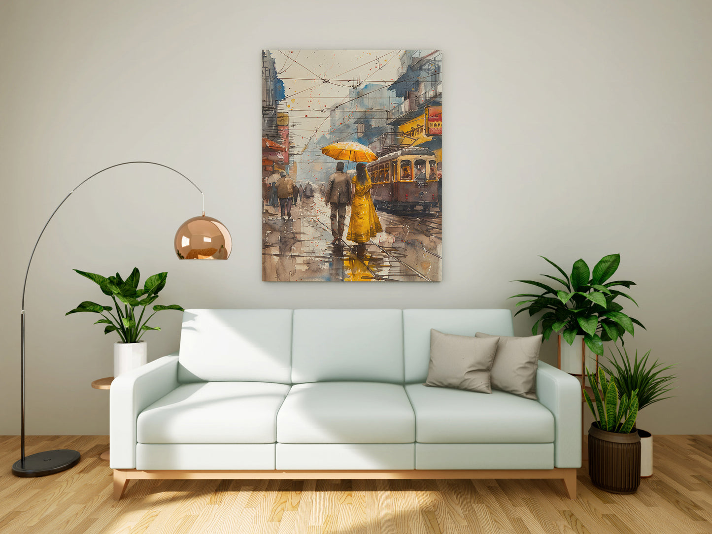 Rainy Stroll in Old City - Watercolor Canvas Art)