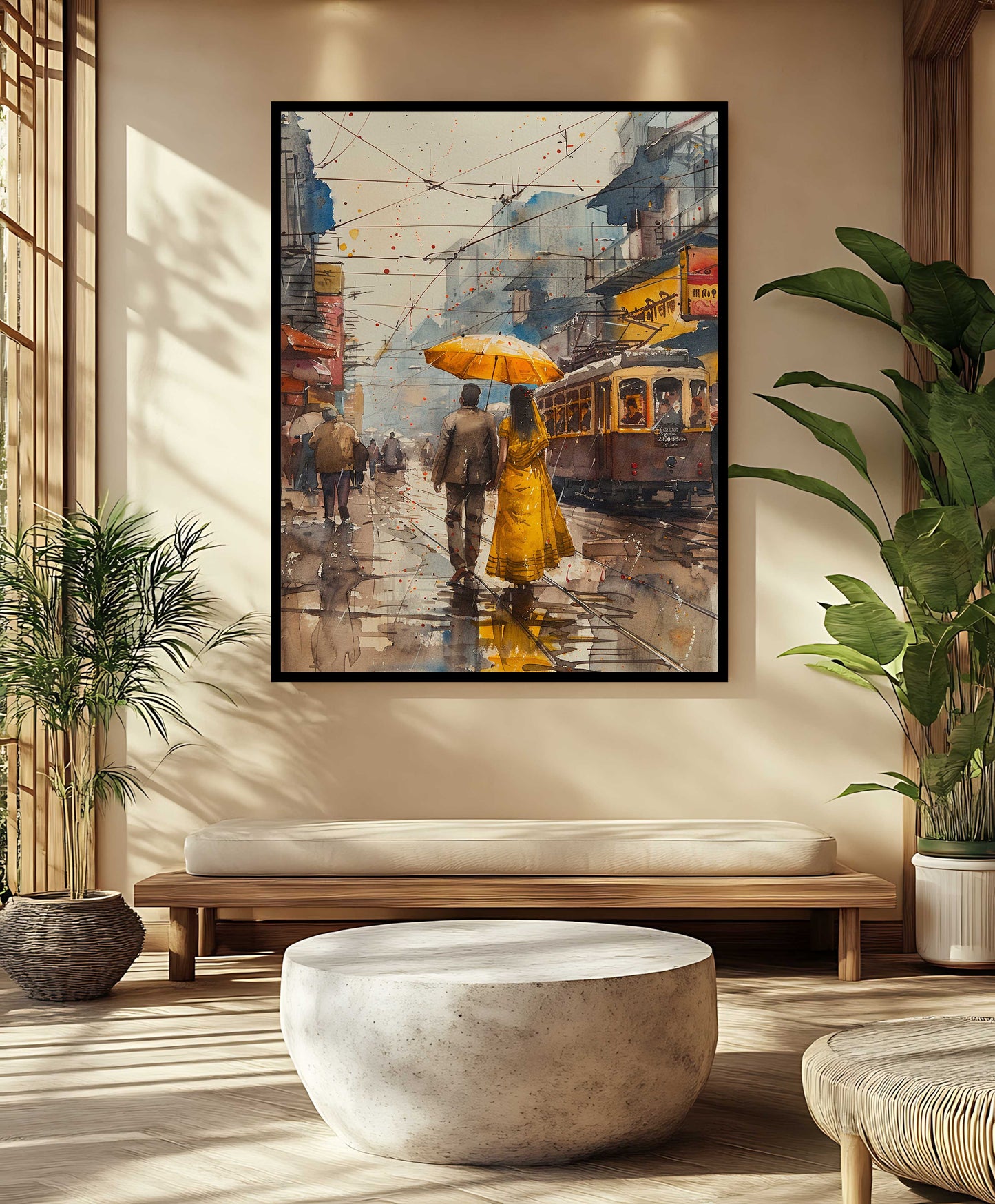 Rainy Stroll in Old City - Watercolor Canvas Art)