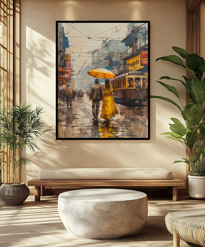 Rainy Stroll in Old City - Watercolor Canvas Art)