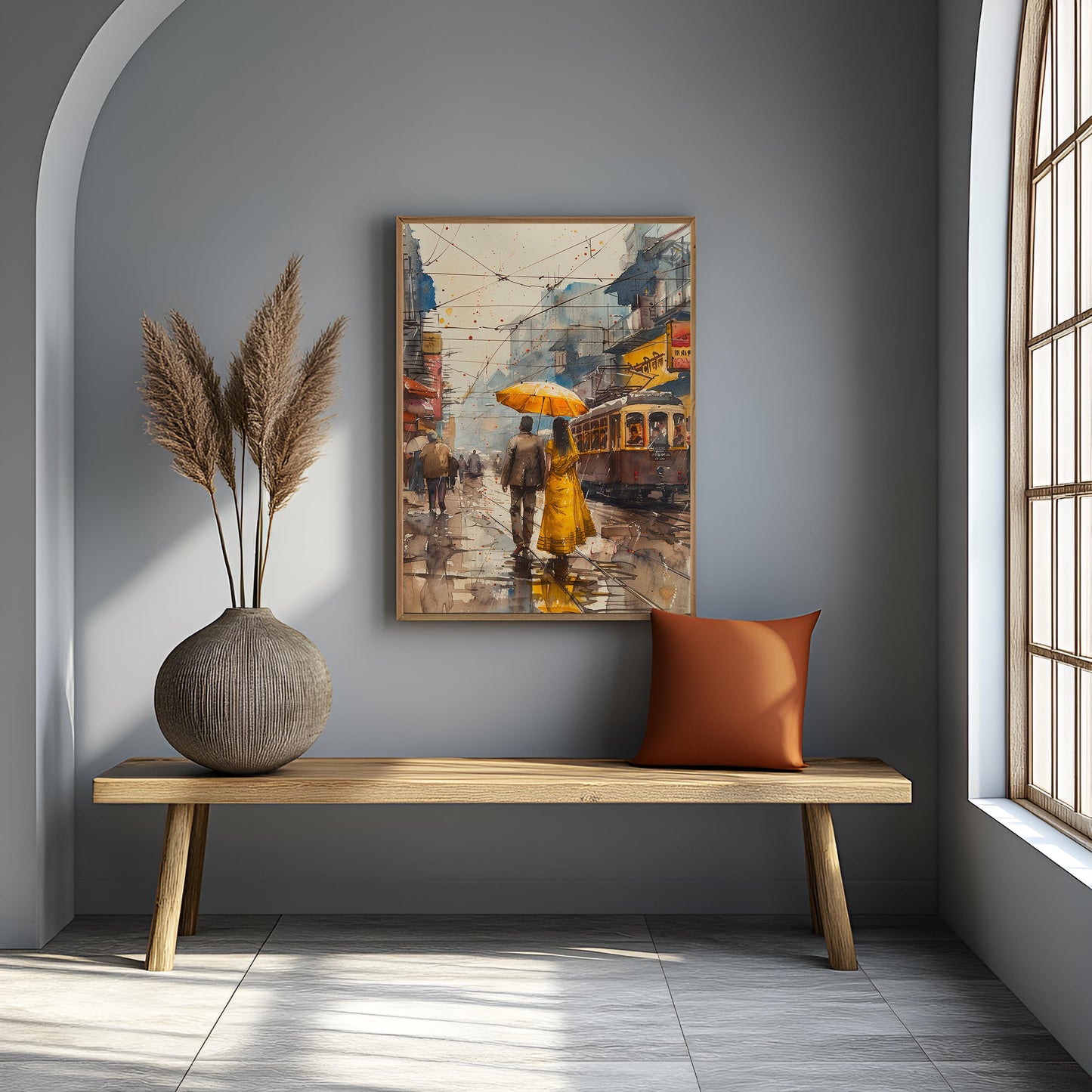 Rainy Stroll in Old City - Watercolor Canvas Art)