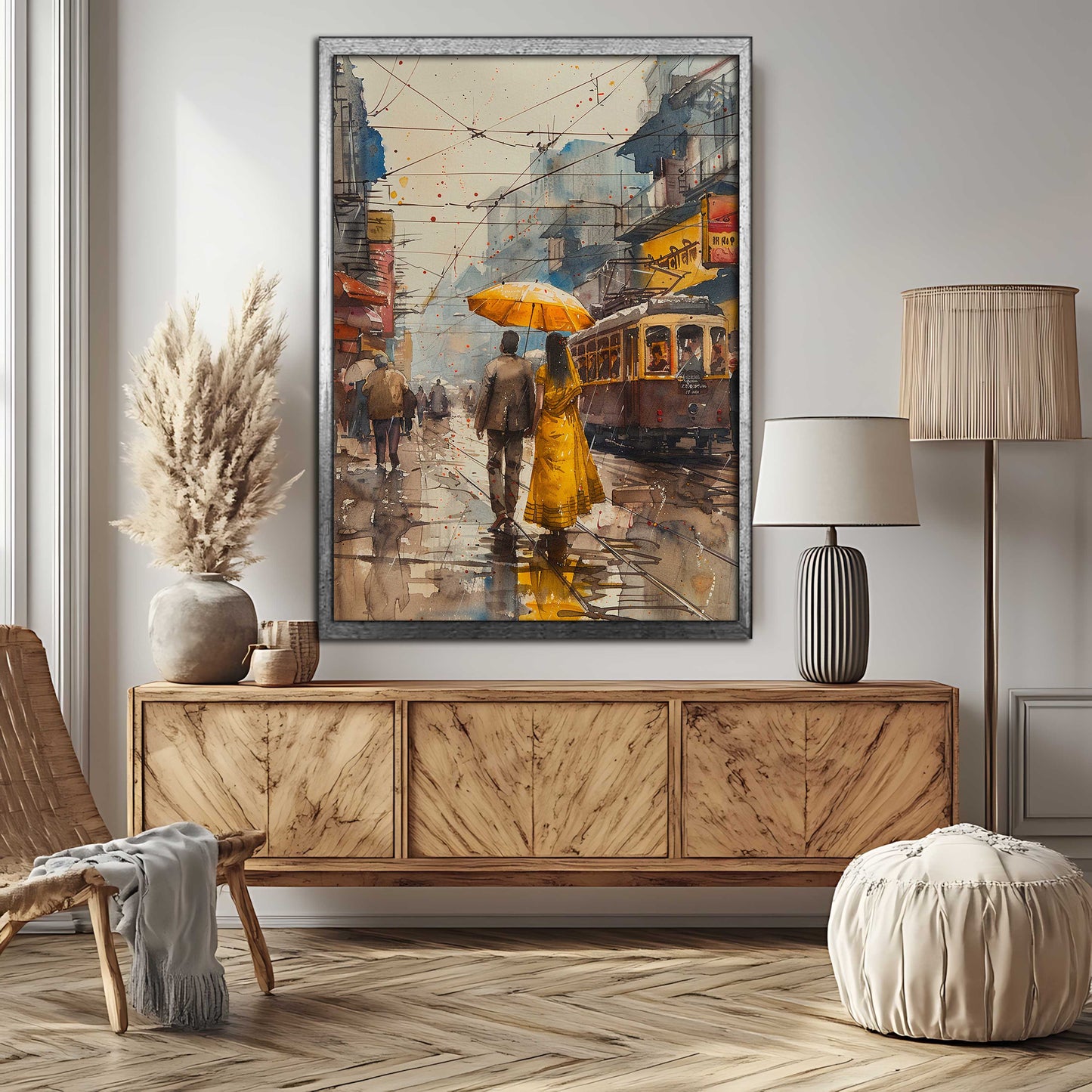 Rainy Stroll in Old City - Watercolor Canvas Art)