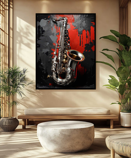 Crimson Jazz: Textured Abstract Saxophone Canvas Painting