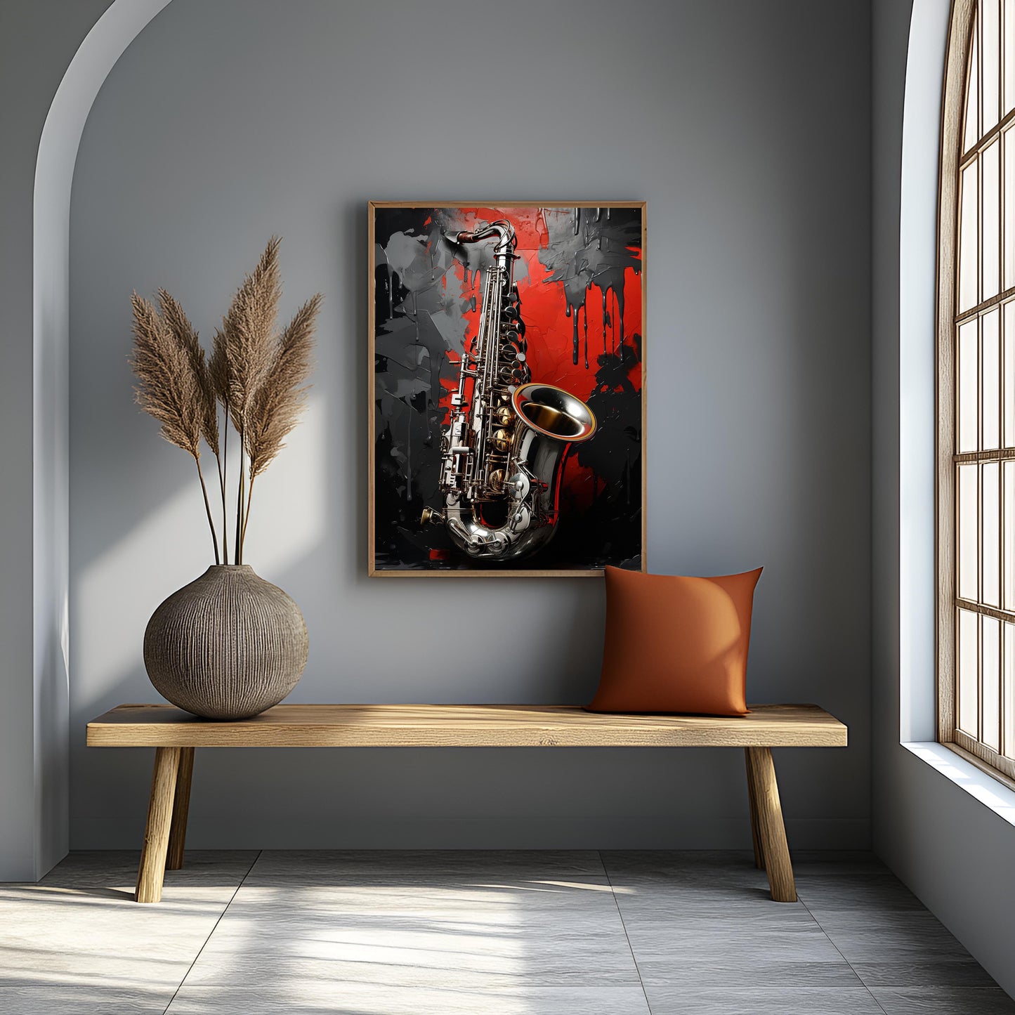 Crimson Jazz: Textured Abstract Saxophone Canvas Painting