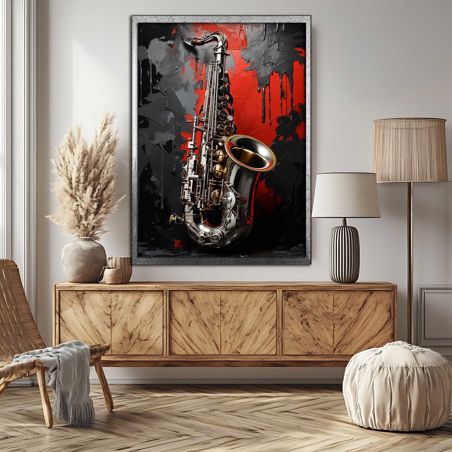 Crimson Jazz: Textured Abstract Saxophone Canvas Painting