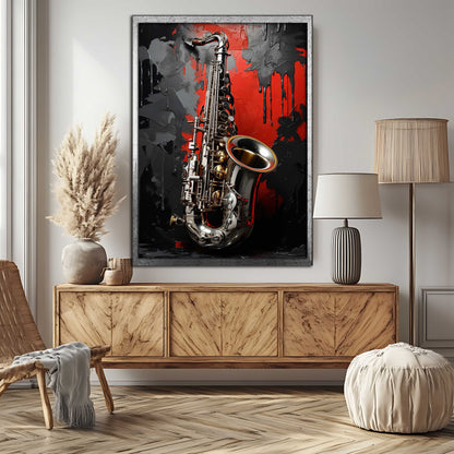 Crimson Jazz: Textured Abstract Saxophone Canvas Painting