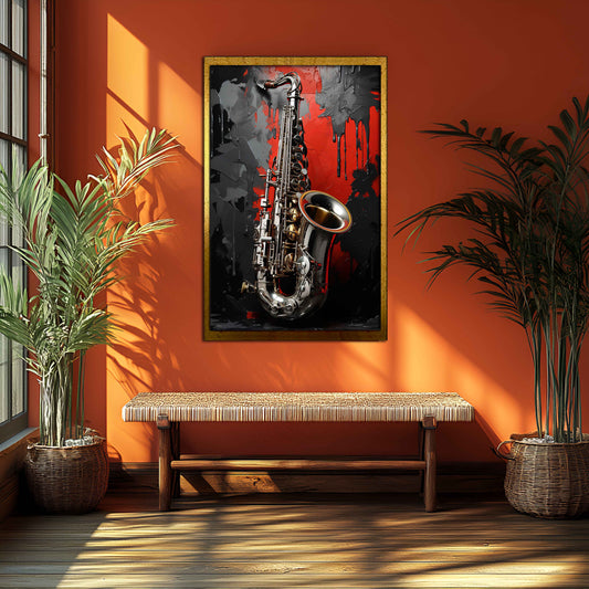 Crimson Jazz: Textured Abstract Saxophone Canvas Painting