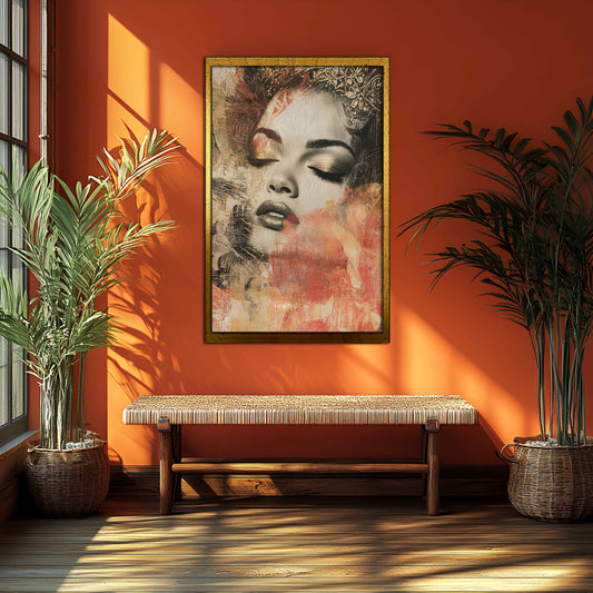 "Regal Serenity" – Mixed Media Gold Crown & Floral Portrait Canvas Art