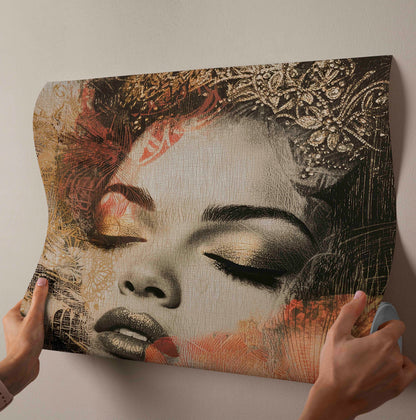 "Regal Serenity" – Mixed Media Gold Crown & Floral Portrait Canvas Art