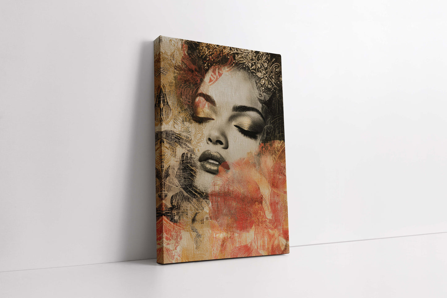 "Regal Serenity" – Mixed Media Gold Crown & Floral Portrait Canvas Art