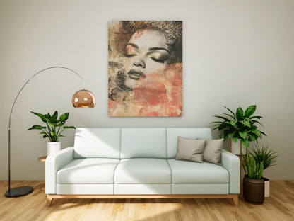 "Regal Serenity" – Mixed Media Gold Crown & Floral Portrait Canvas Art