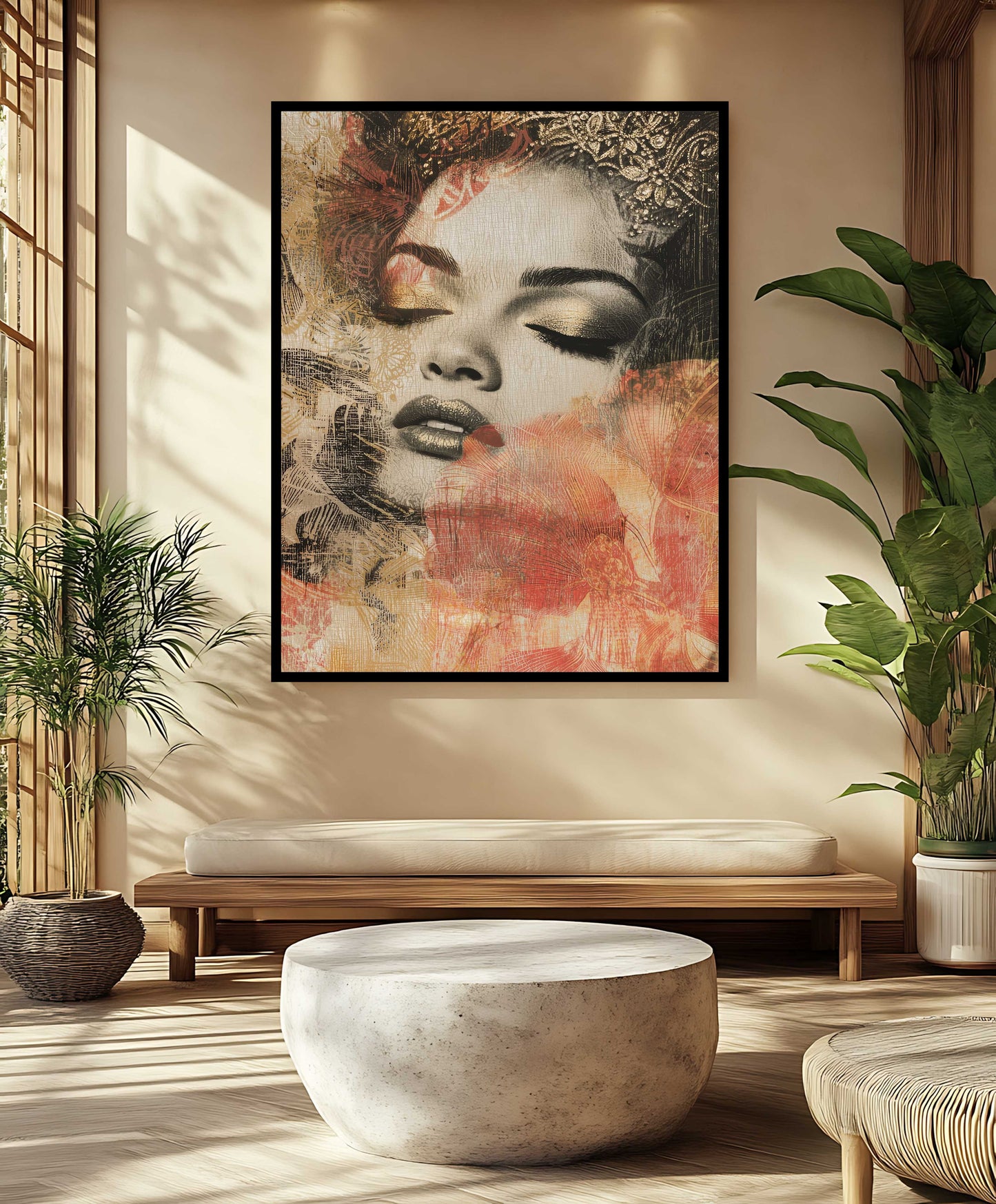 "Regal Serenity" – Mixed Media Gold Crown & Floral Portrait Canvas Art