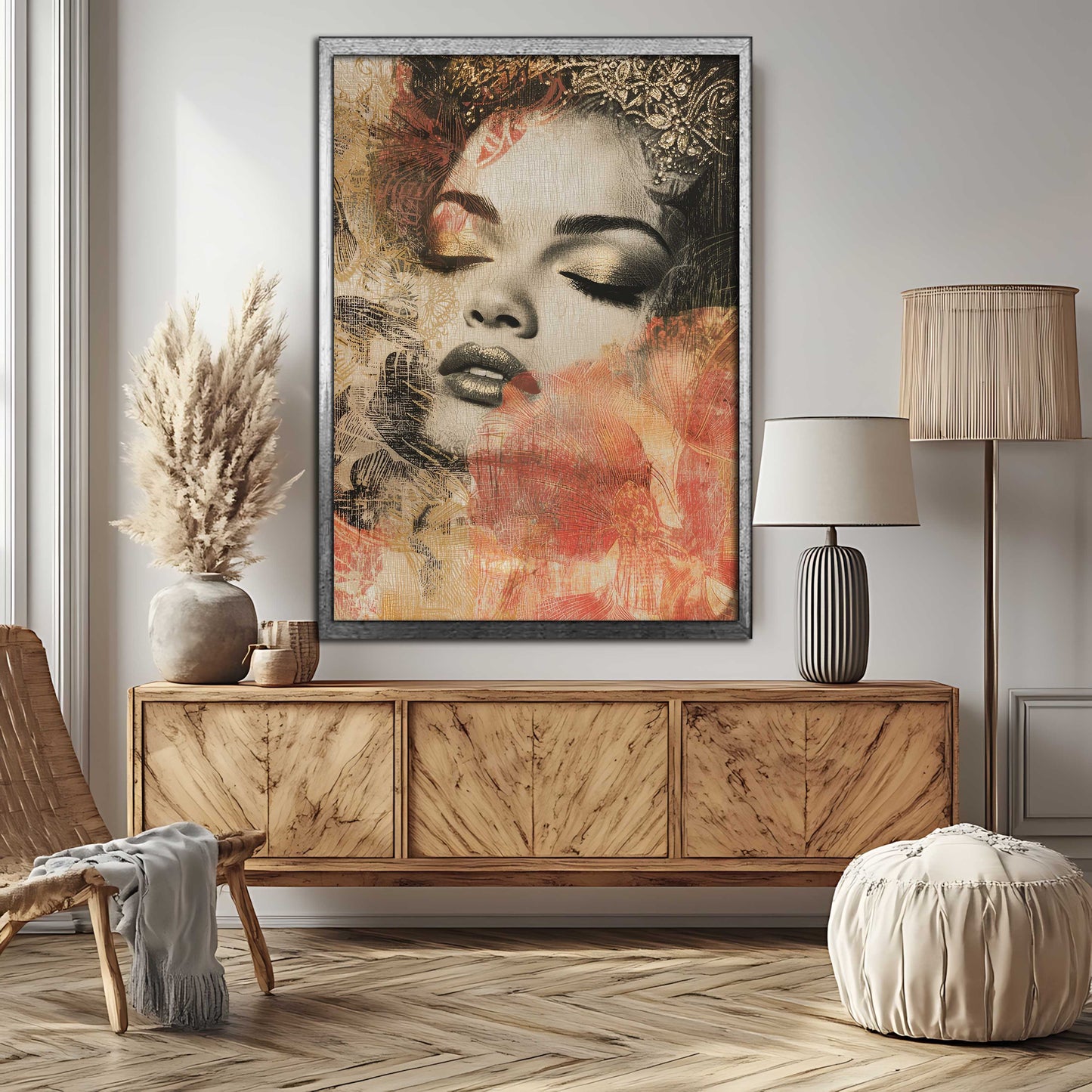 "Regal Serenity" – Mixed Media Gold Crown & Floral Portrait Canvas Art
