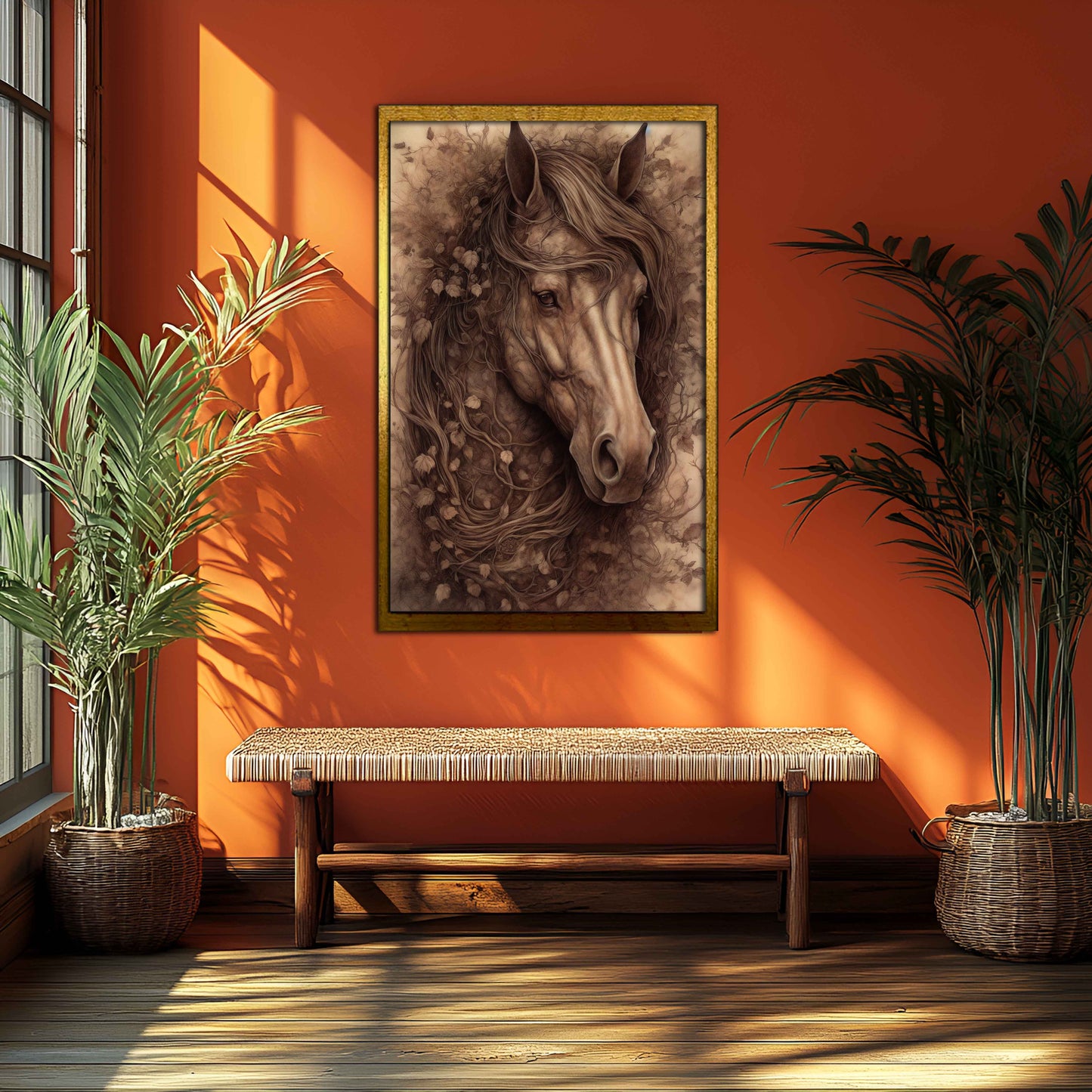 "Forest Spirit" – Rustic Sepia Horse with Botanical Mane Canvas Wall Art