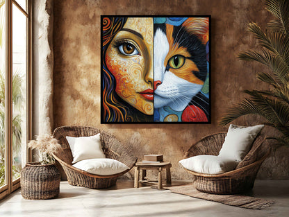 Soul Bond | Vibrant Impasto Woman and Cat Split Portrait Canvas Art
