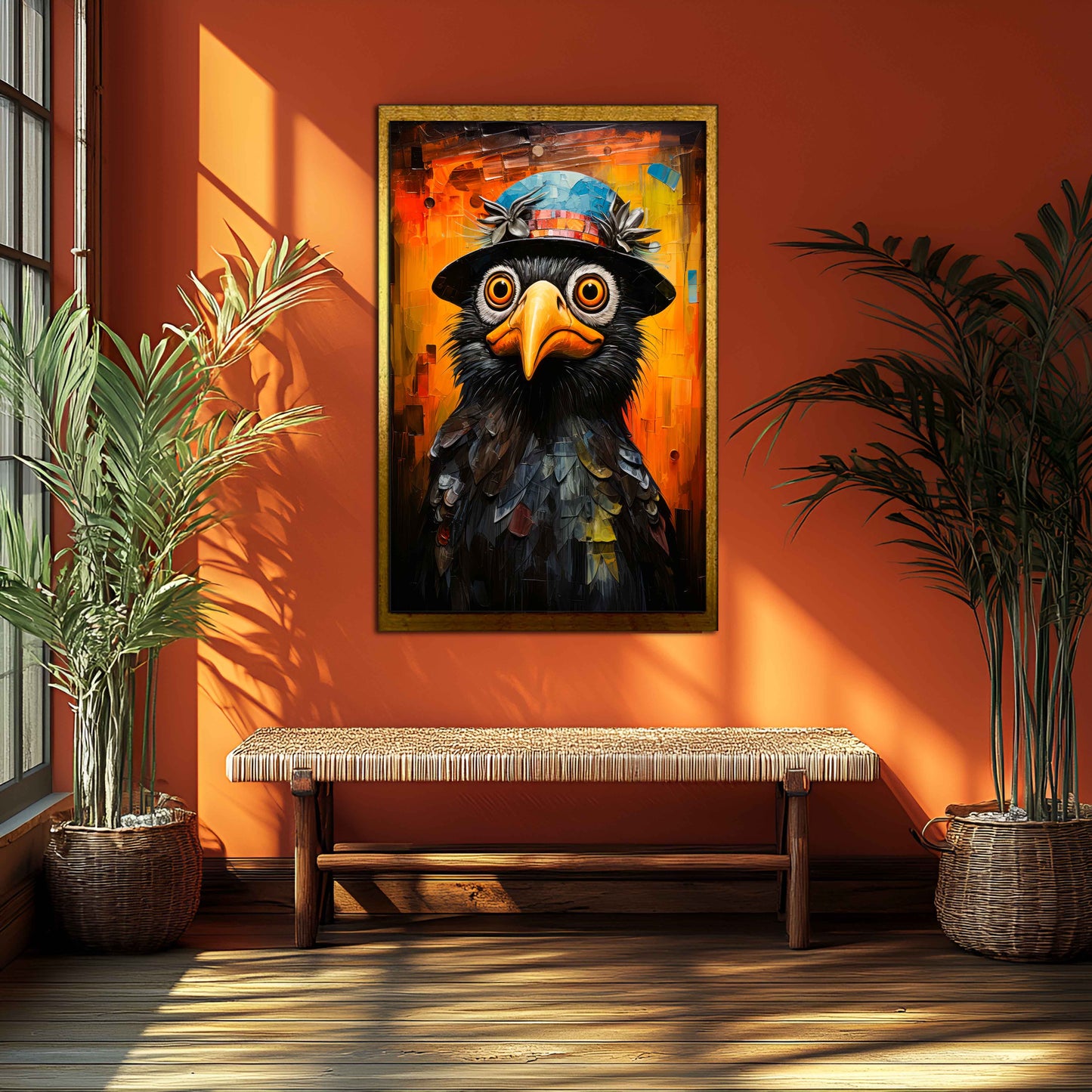 Whimsical Crow in Mosaic Top Hat – Vibrant Canvas Wall Art