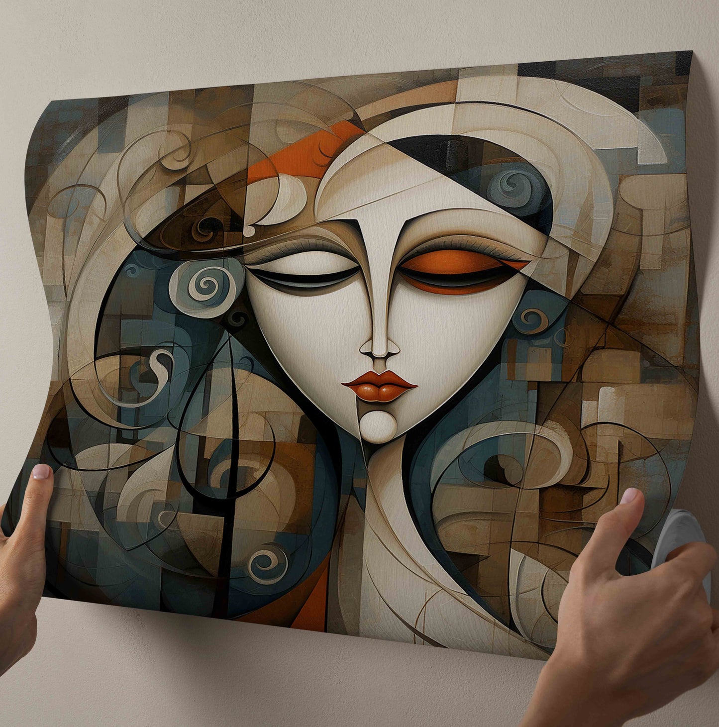 Serene Cubist Woman Portrait - Abstract Geometric Canvas Painting with Earth Tones
