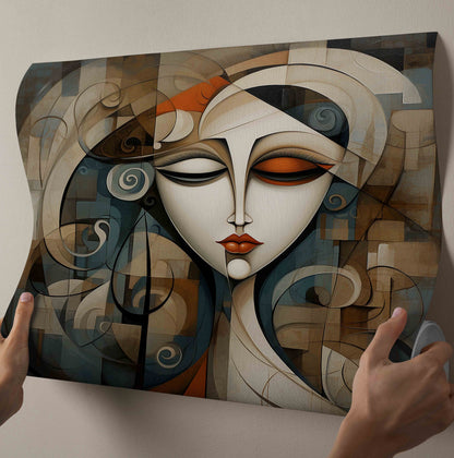 Serene Cubist Woman Portrait - Abstract Geometric Canvas Painting with Earth Tones