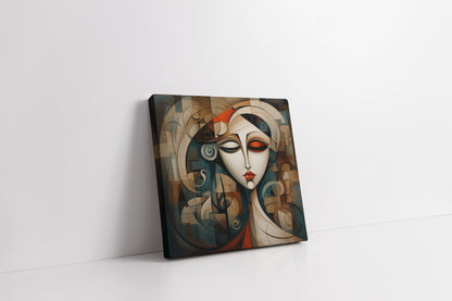 Serene Cubist Woman Portrait - Abstract Geometric Canvas Painting with Earth Tones