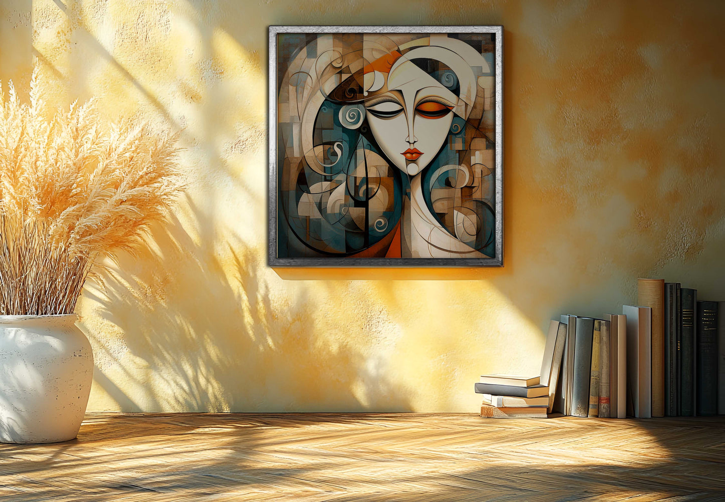 Serene Cubist Woman Portrait - Abstract Geometric Canvas Painting with Earth Tones